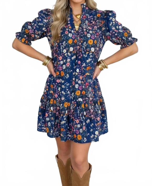 PRETTY BASH Dresses & Skirts - NEW PRETTY BASH floral split neck puff sleeve mini dress in blue